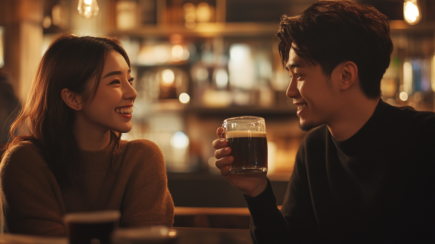 Asian man and woman smiling in coffee shop.