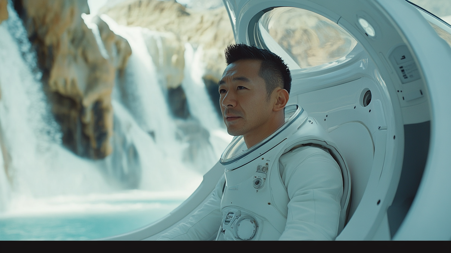 Asian man in 40s in space suit, mountains view.