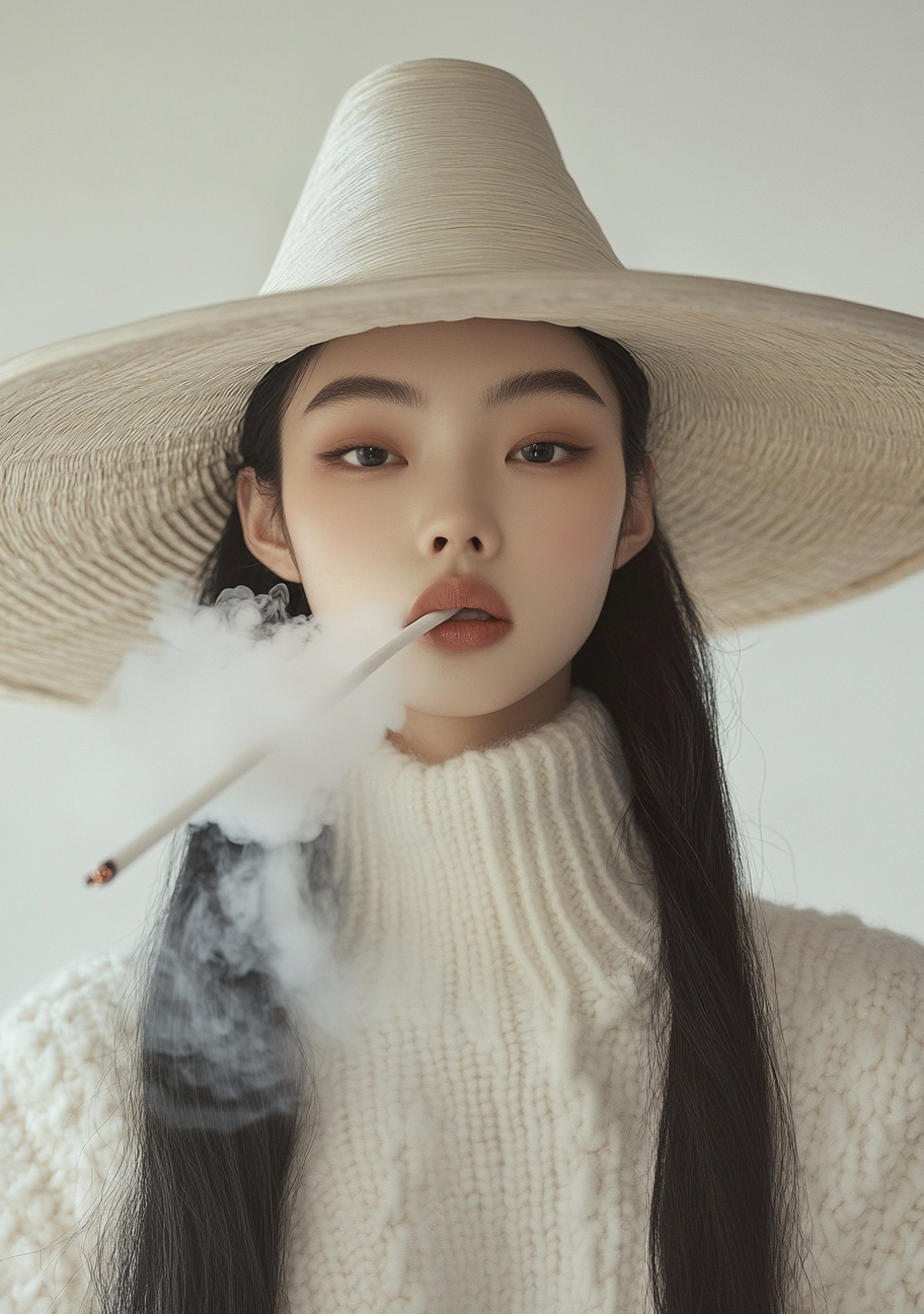 Asian woman in white hat and brown sweater