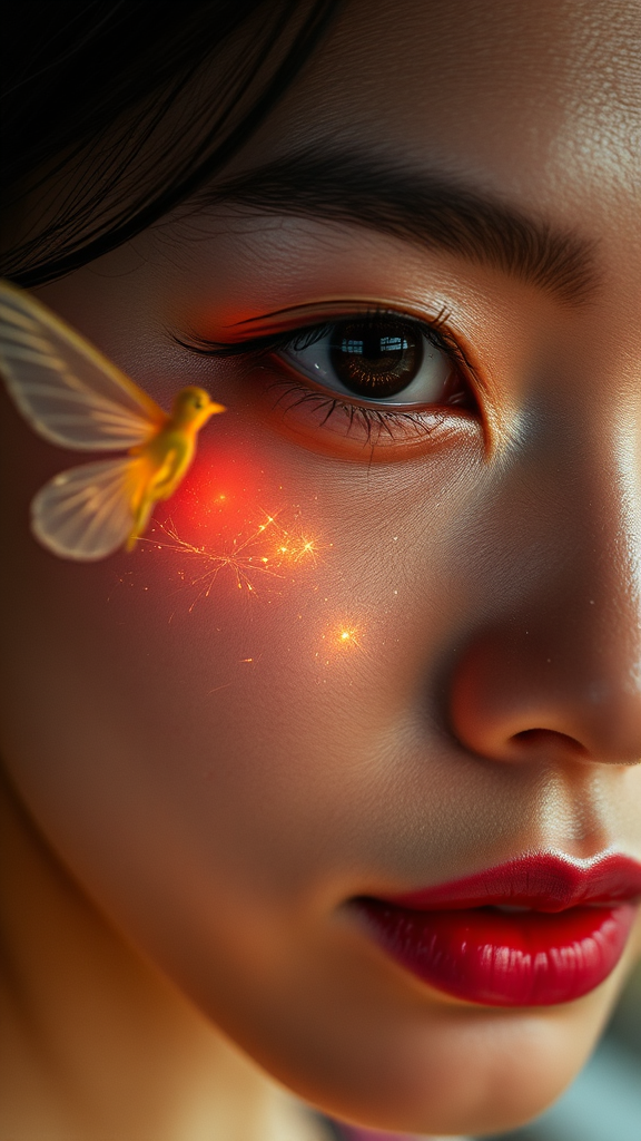 Asian woman with fairy in close-up skincare photography.