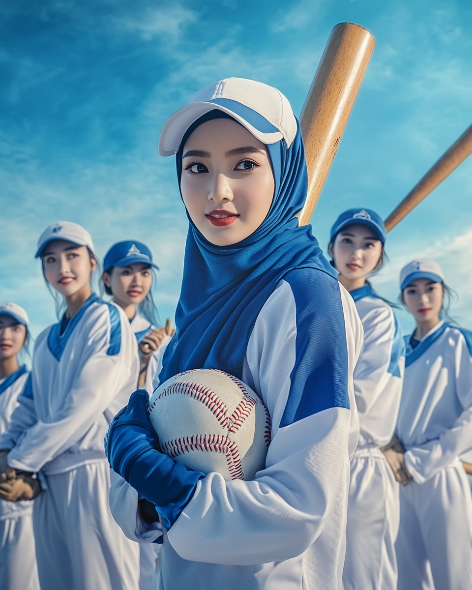 Asian workers in blue and white uniforms winning sports.