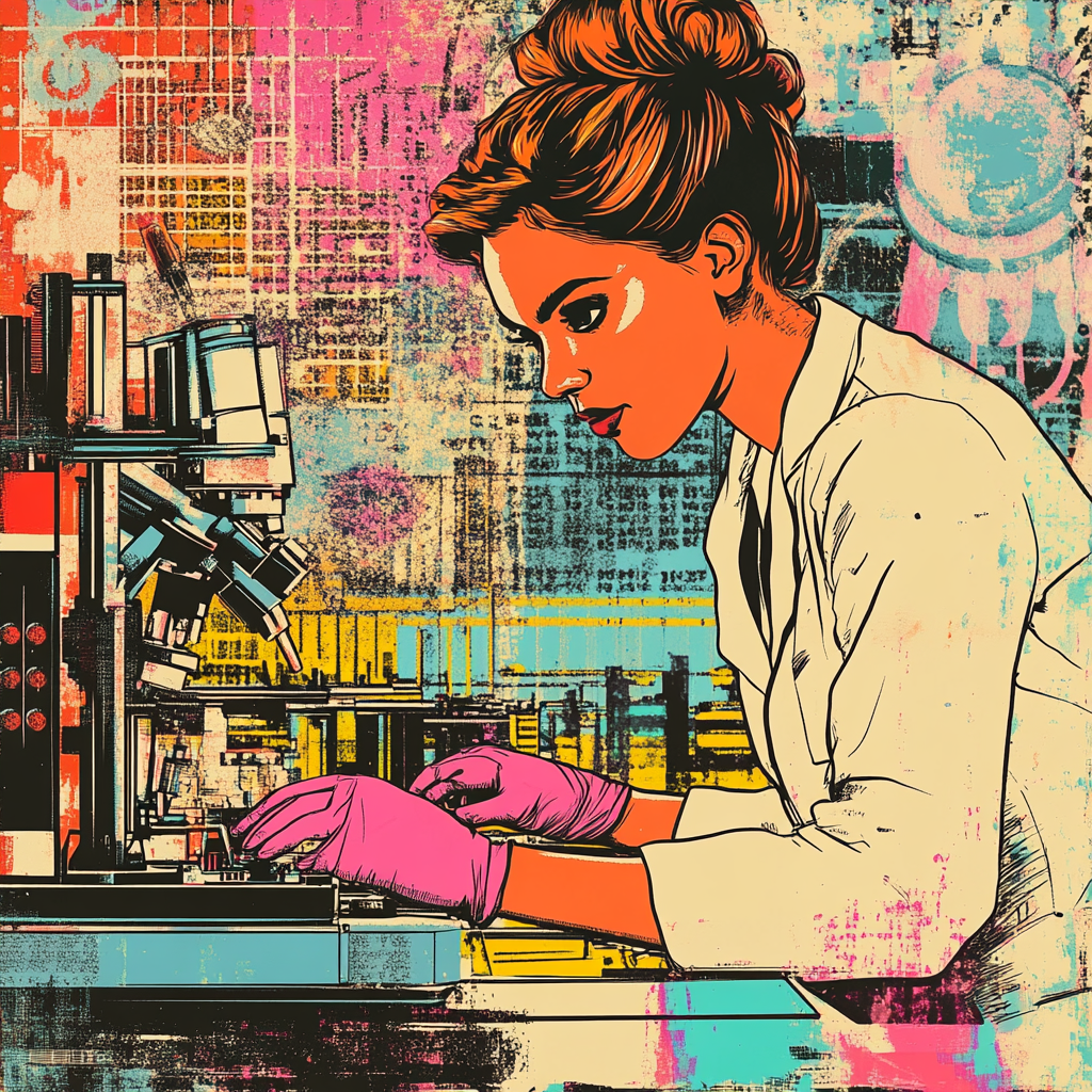 Assistant in colorful lab: surreal pop art cartoon