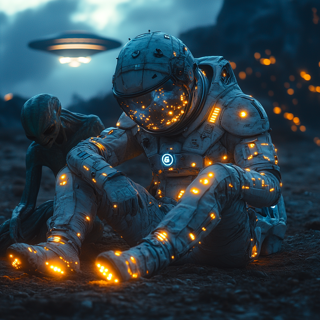 Astronaut Sharing Story with Alien Under Glowing Suit