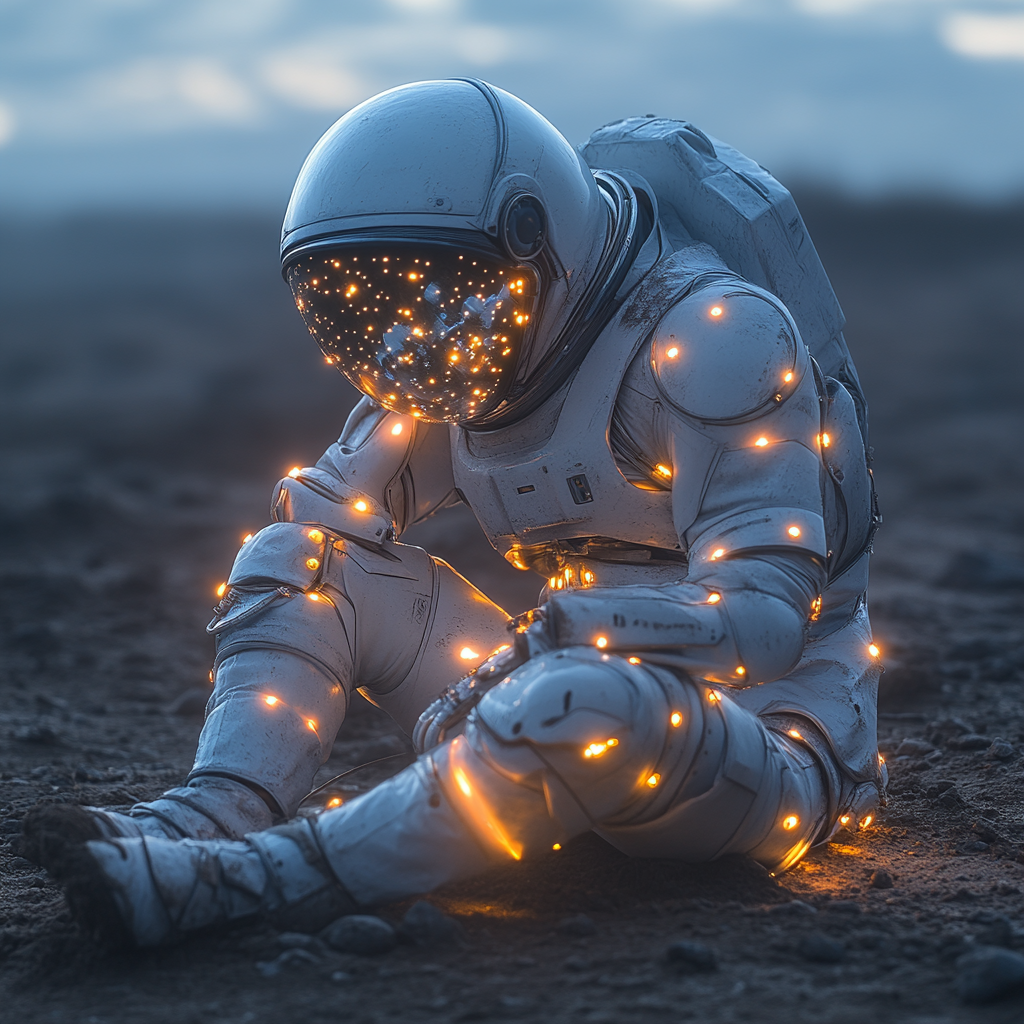 Astronaut Sitting on Dirt with Glowing Suit Buttons