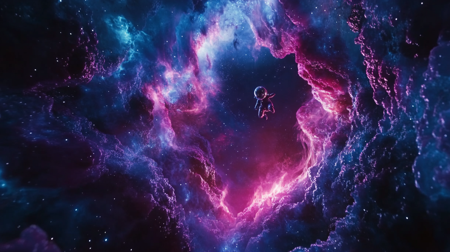 Astronaut climbing out of wormhole in space