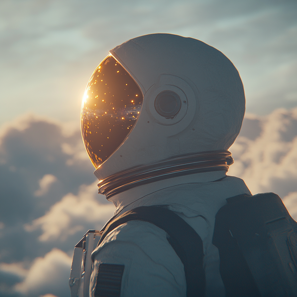 Astronaut in space, reflecting sun on helmet. Detailed scene.