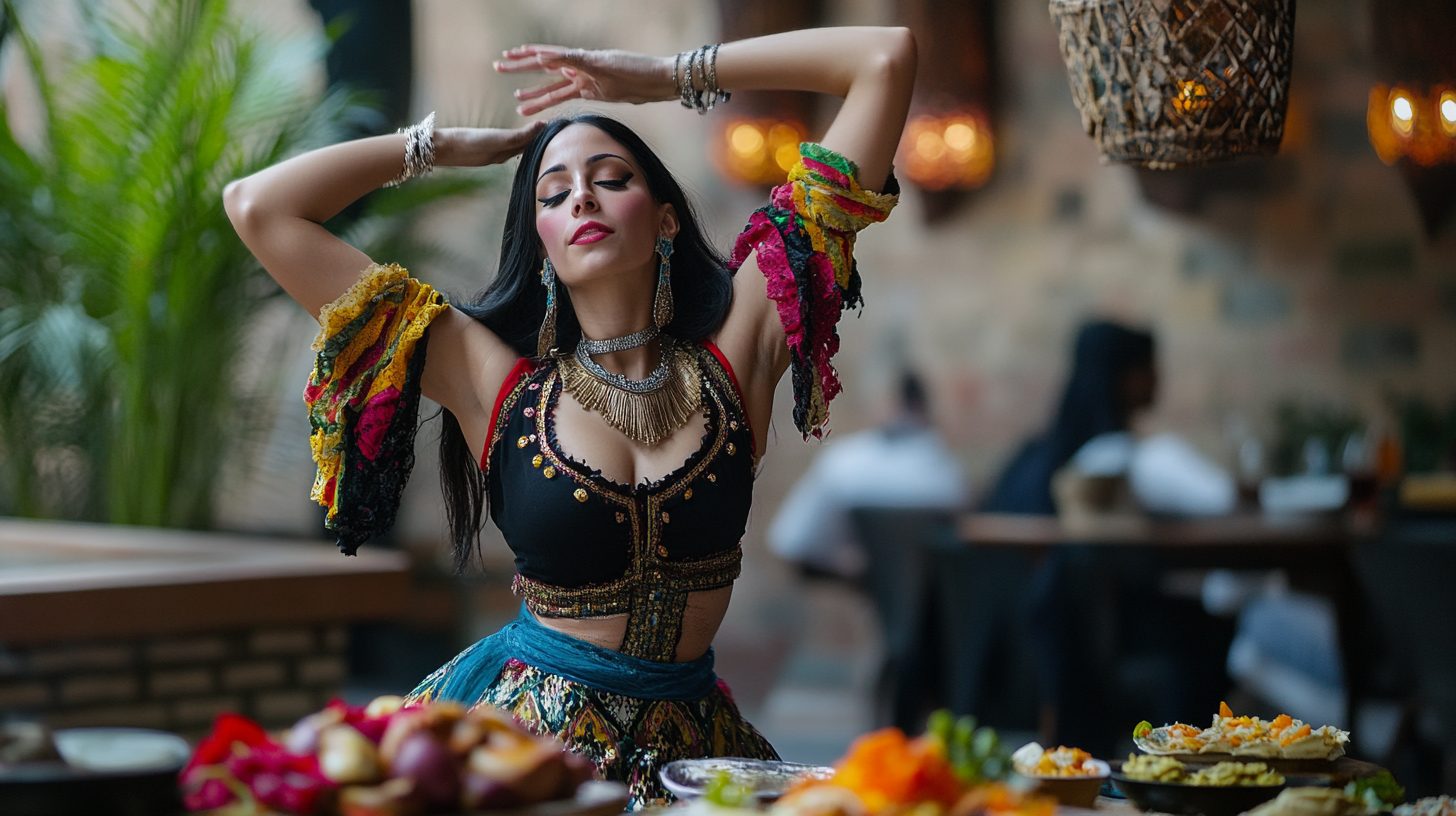 At a barbeque, watch belly dancer and Tannoura.