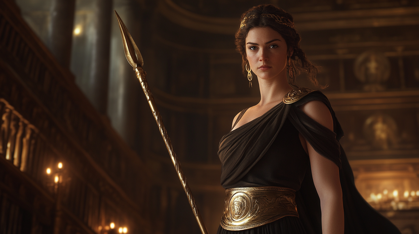 Athena in Shadowy Library: A Cinematic Vision