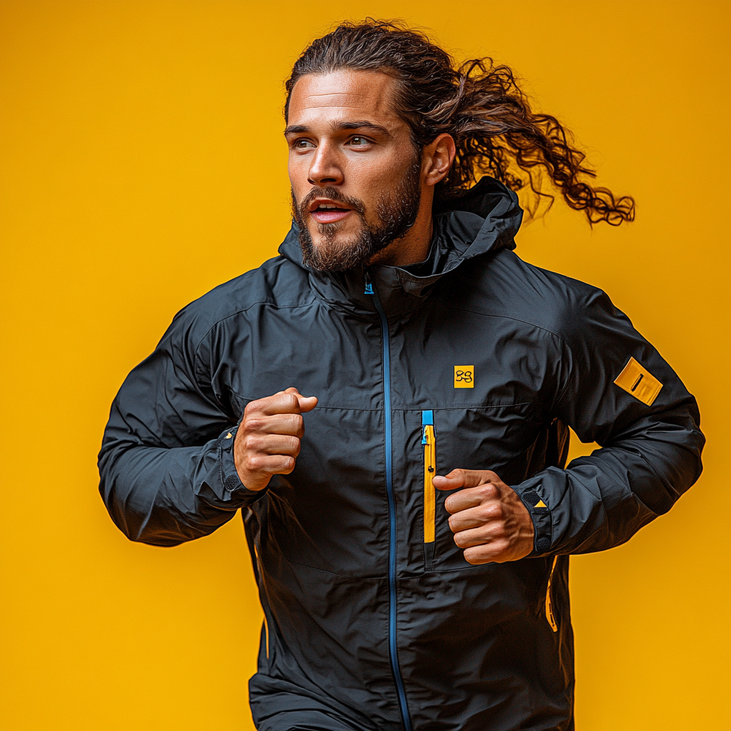 Athlete Running Swiftly in Colorful Windbreaker Jacket