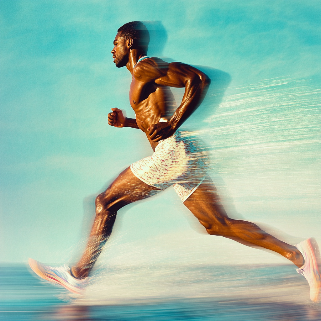 Athlete running on water, muscles visible, dynamic lighting