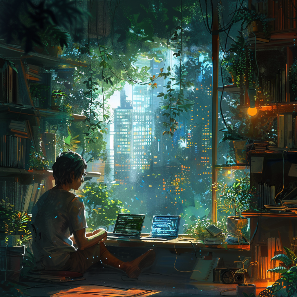 Athletic Man Coding in Cozy, Plant-Filled Room