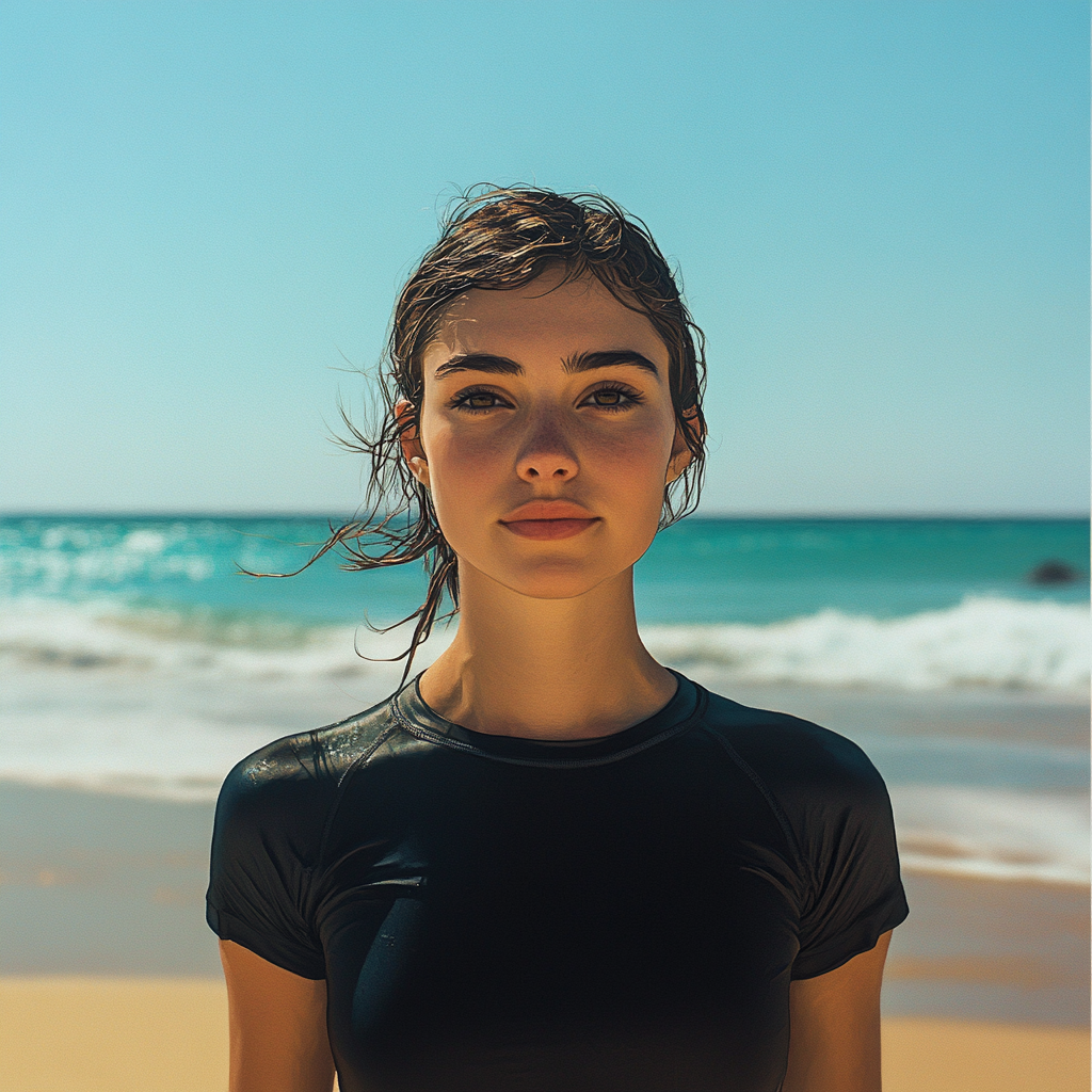 Athletic woman in black shirt on sunny beach