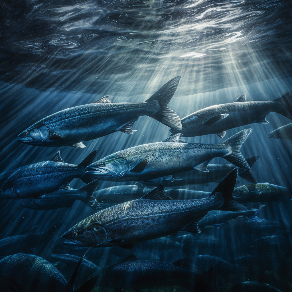 Atlantic salmon swim freely in deep blue ocean