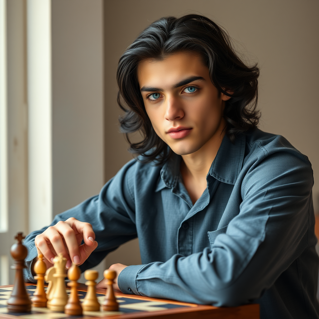 Attractive Young Man Playing Chess in School Shirt