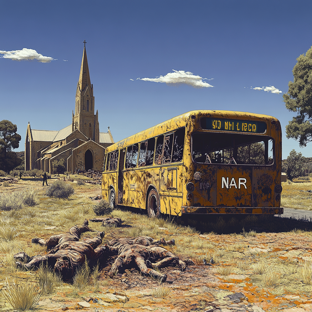 Australian city bus on sunny day with church