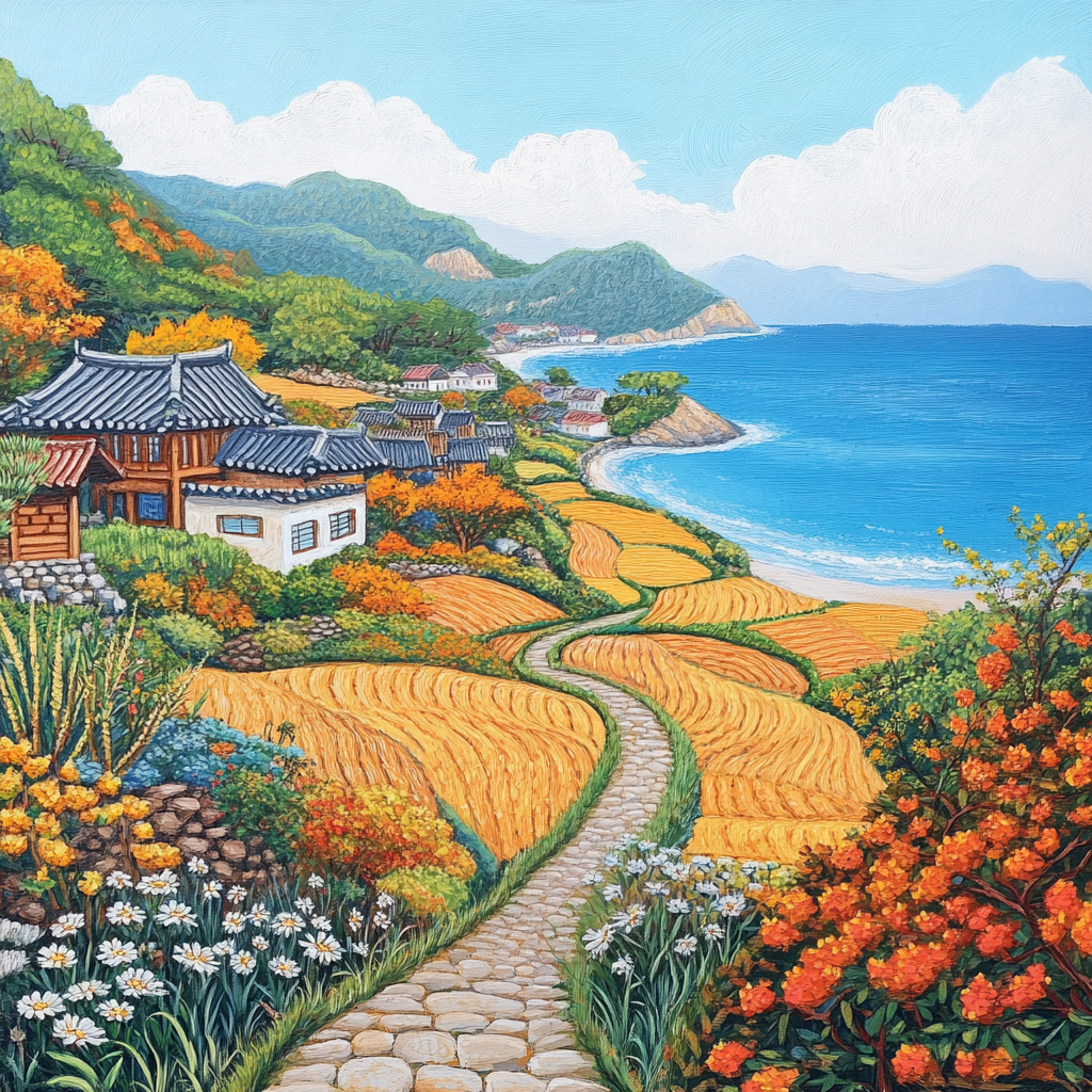 Autumn Island with Rice Fields and Coastal Path