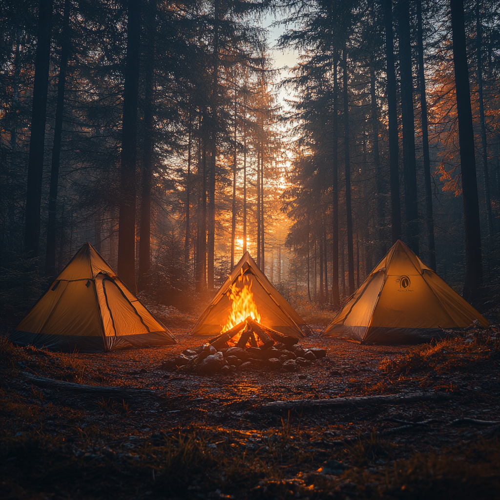 Autumn Sunrise Campsite with Bonfire in Forest