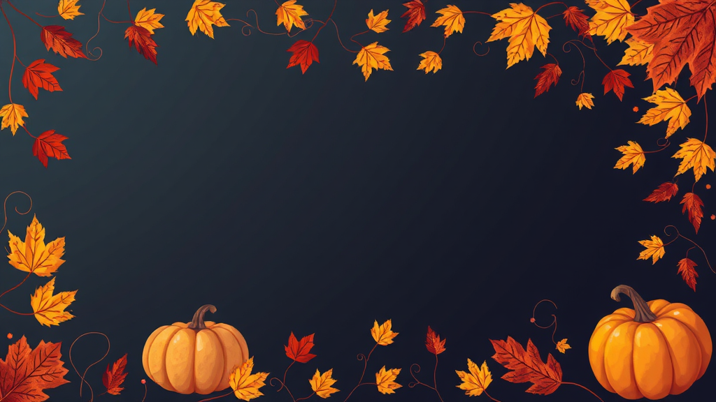 Autumn leaves, pumpkins, tech icons border blend.