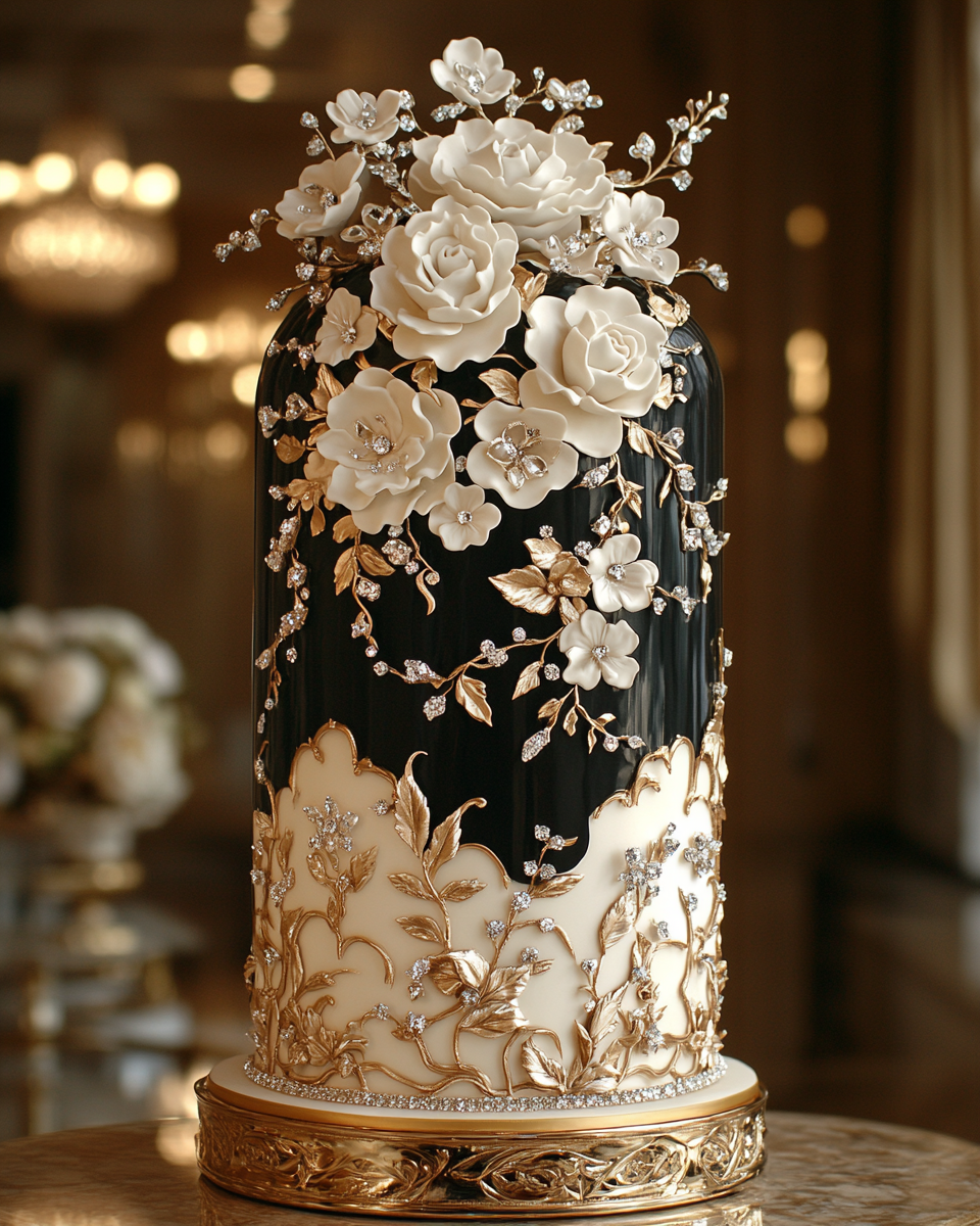 Award-winning royal wedding cake in grand ballroom