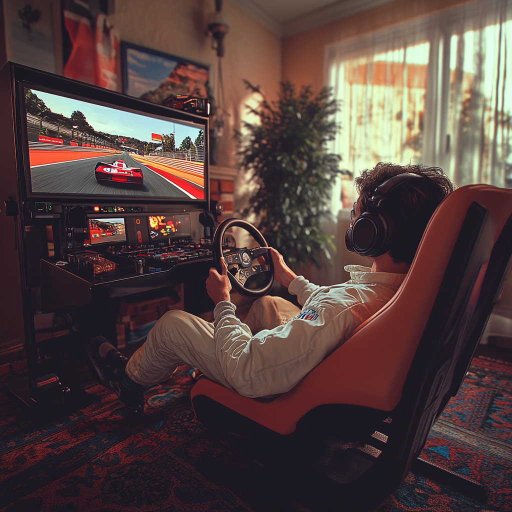 Ayrton Senna racing on high-tech simulator in 1989.