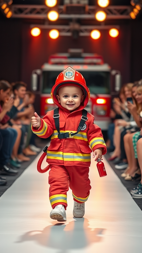 Baby Firefighter Struts on Runway, Captures Hearts.