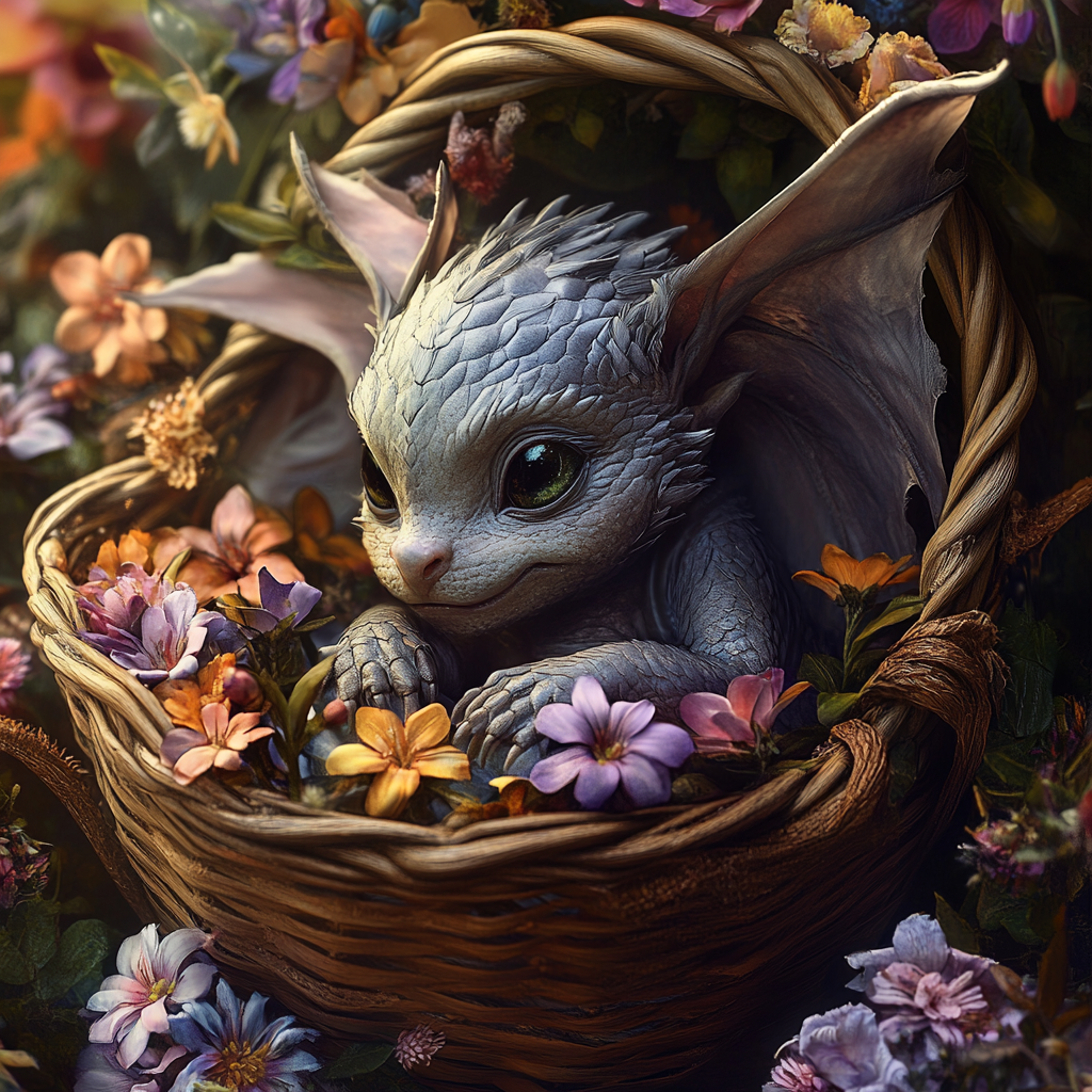 Baby Gargoyle in Basket with Sparkling Flowers