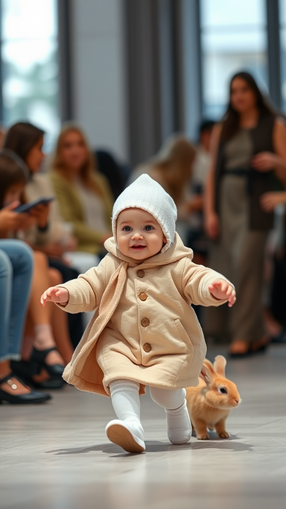 Baby and Bunny Walking Together in Indoor Fashion Show