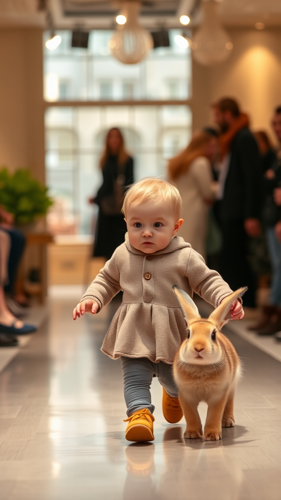 Baby and bunny walking on fashion show stage.