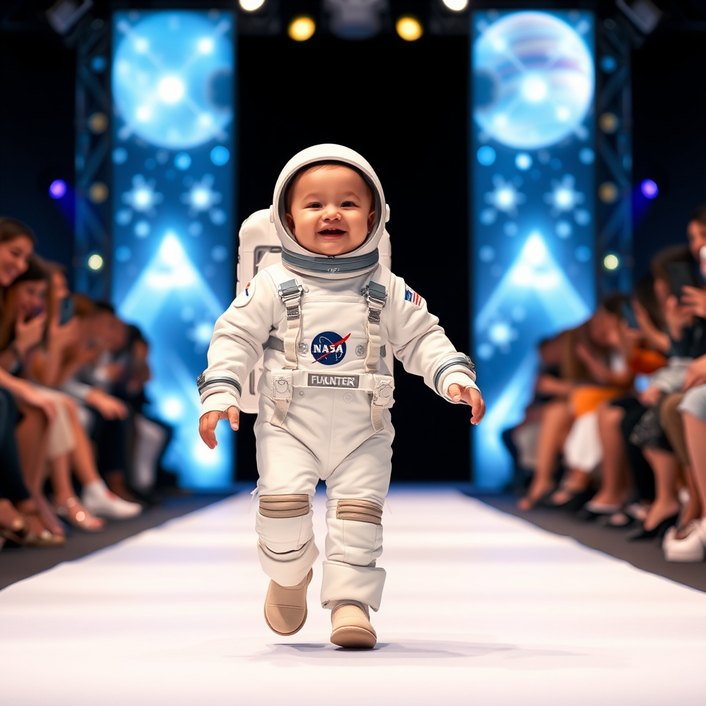 Baby astronaut confidently walks runway in space-themed show.