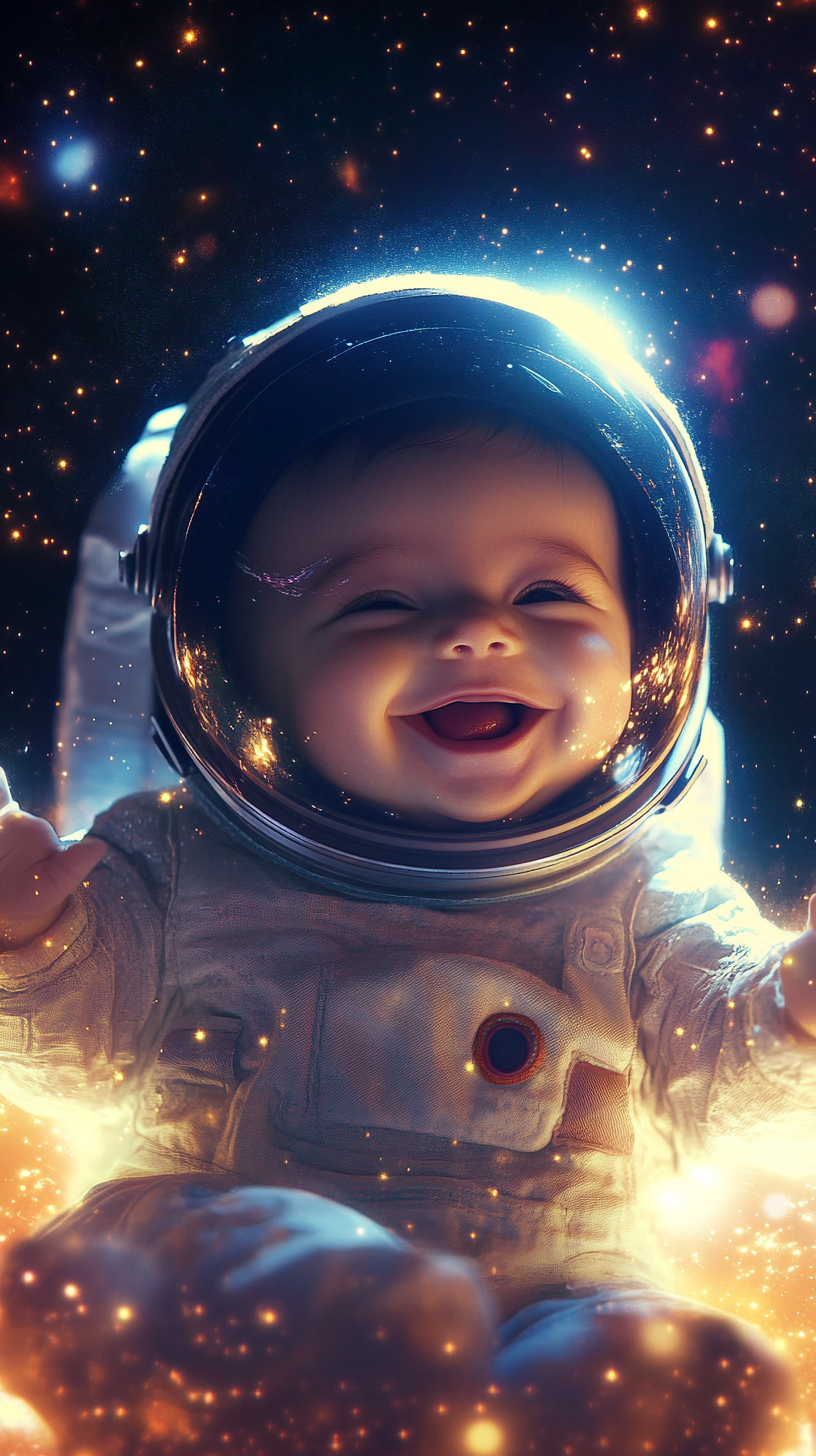 Baby astronaut in space with twinkling stars, smiling