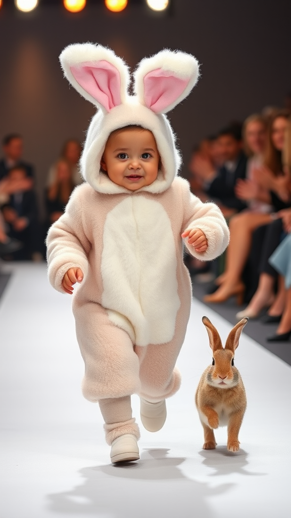 Baby bunny and real bunny walk runway together.