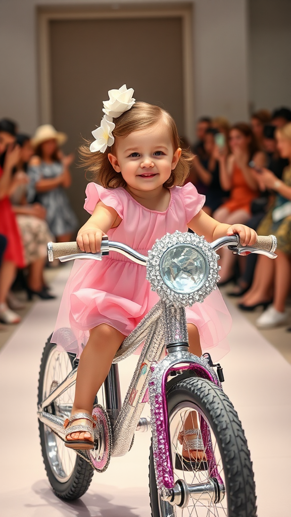 Baby girl in sparkly pink dress rides bike