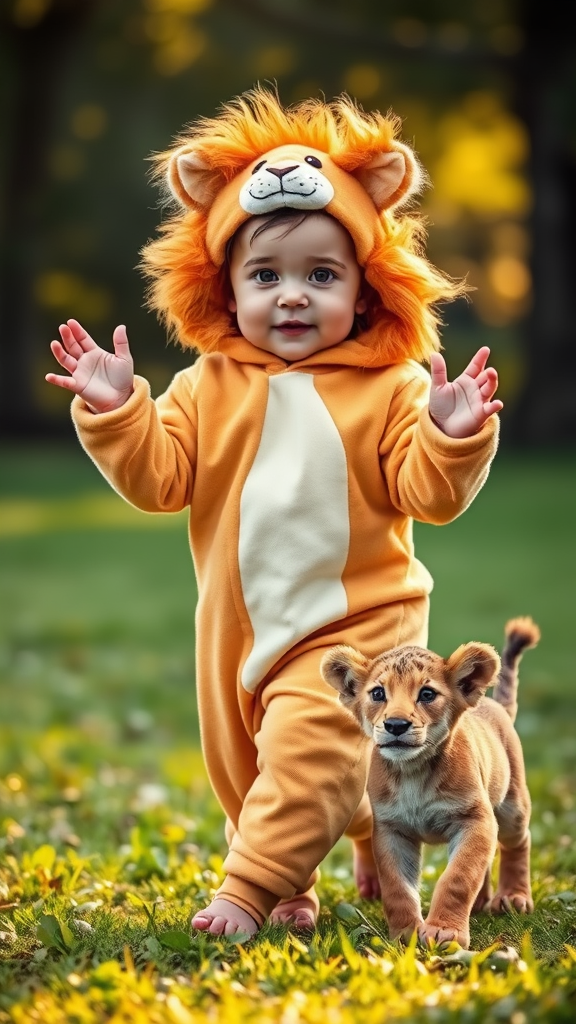 Baby in Lion Costume Dancing with Lion Cub