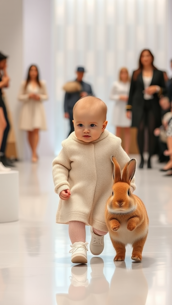 Baby walks with bunny on fashion runway.