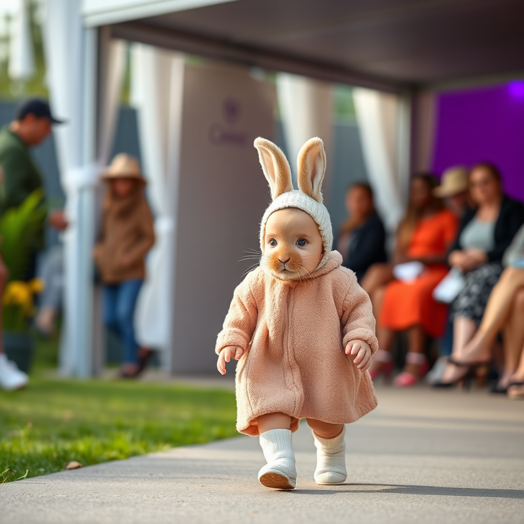 Baby walks with bunny on outdoor fashion show.