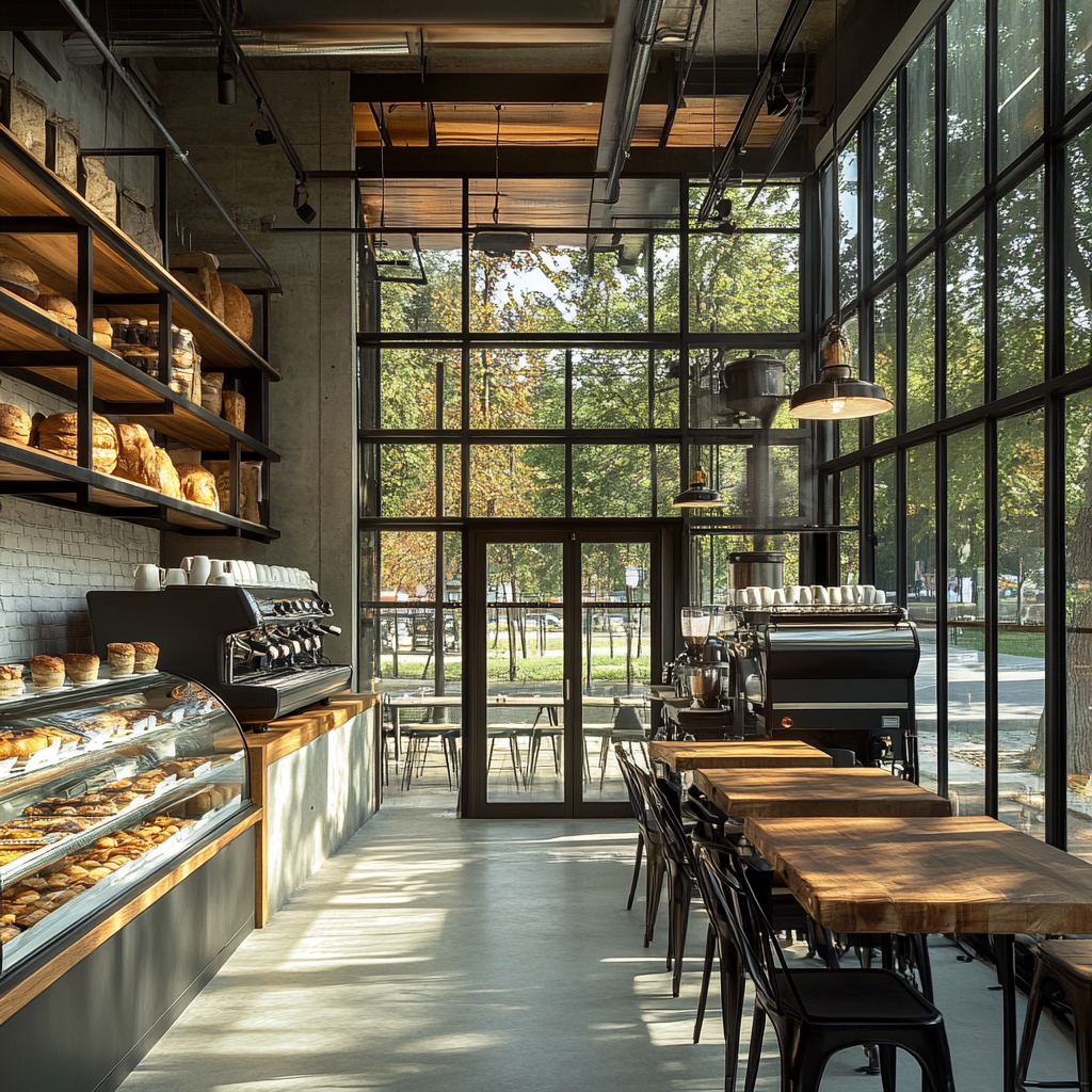 Bakery and cafe with glass walls, mezzanine workspace.