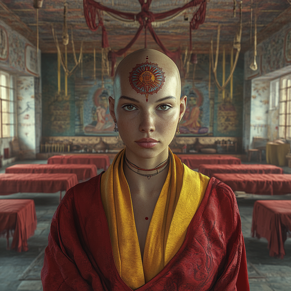 Bald woman with mandala tattoo in Tibetan robes