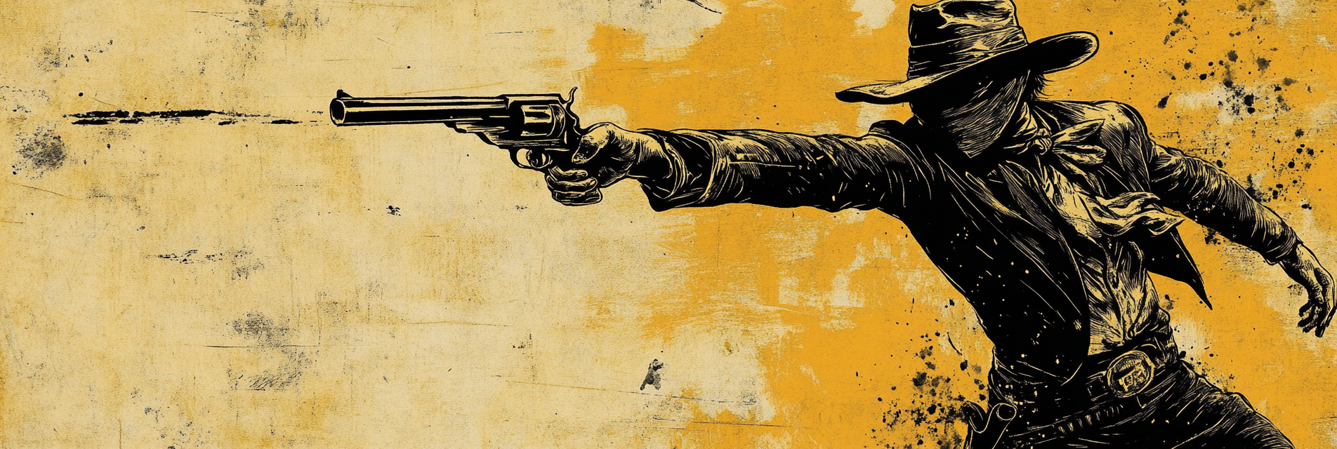 Bandit shoots himself in foot on weathered old poster.