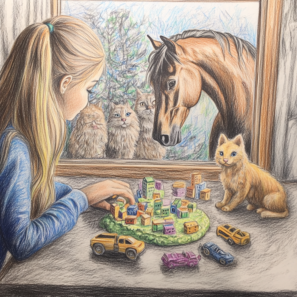 Barbie playing with playdoh surrounded by pets and horse.