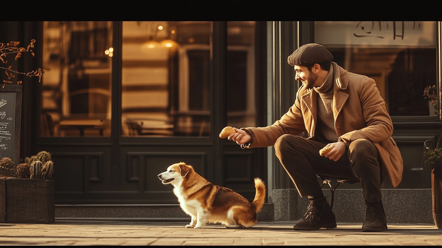 Barista gives a piece of bread to dog.