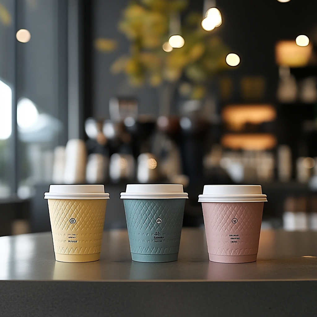 Basic, Standard, and Premium coffee cups displayed for sale.