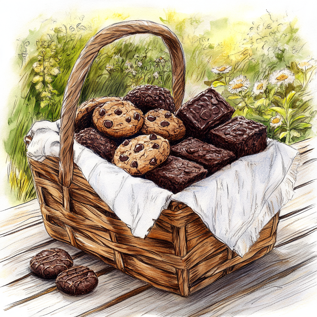 Basket filled with cookies and brownies on table