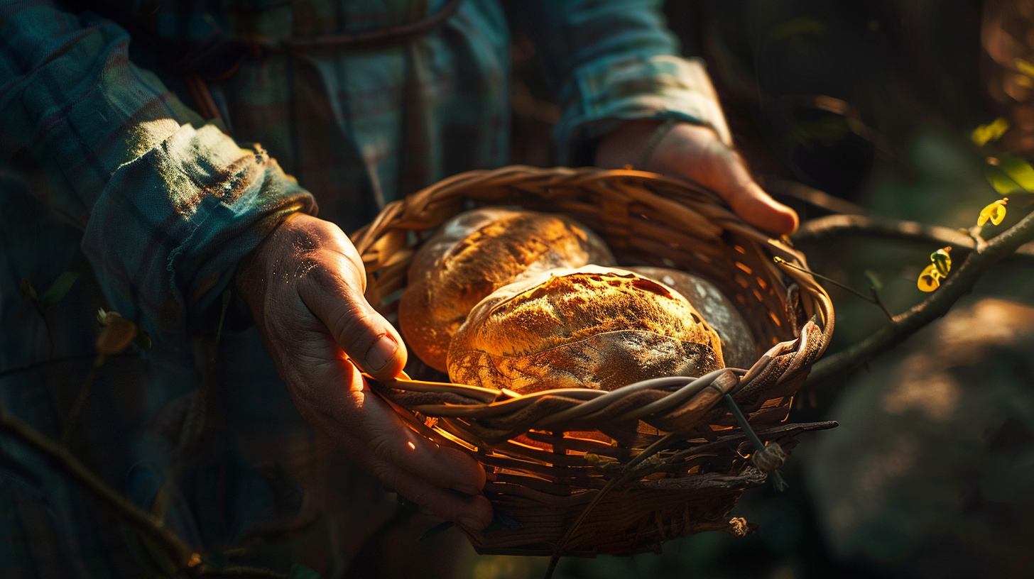 Basket with Bread and Fish hands cinematic lighting