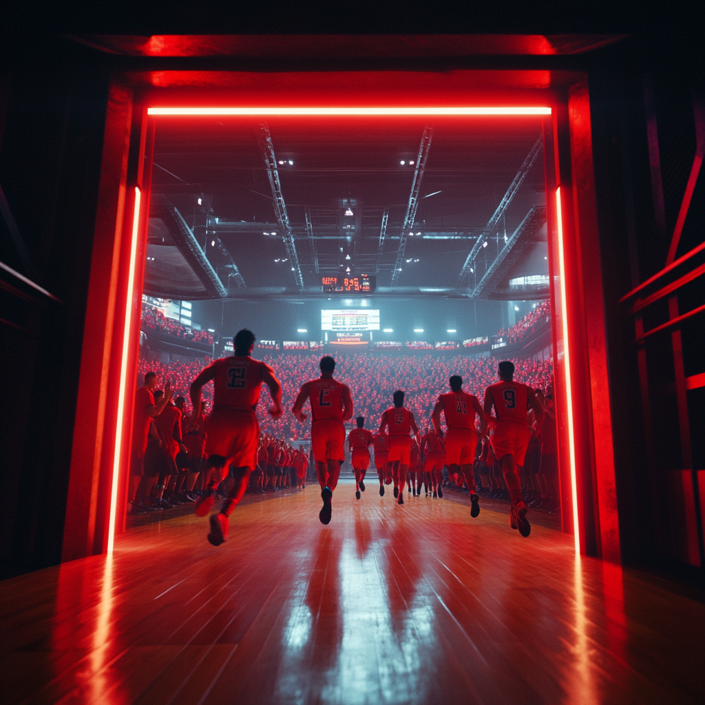 Basketball Players Entering Vibrant Red-Black Arena