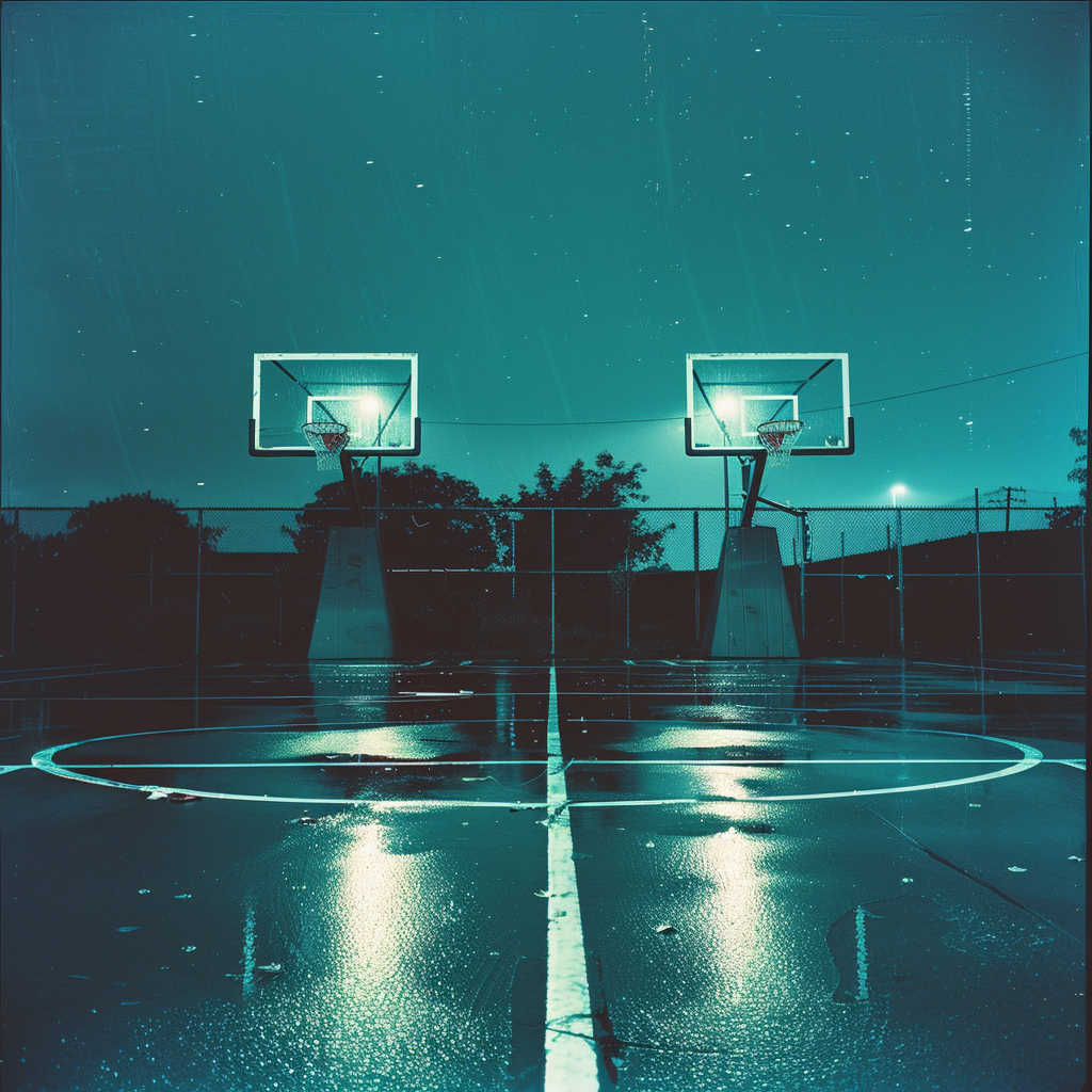 Basketball lines under teal night sky with motif