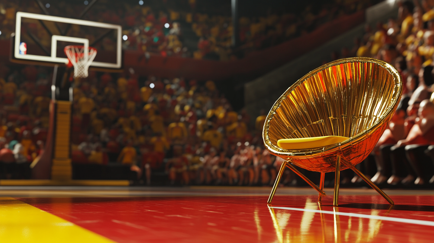 Basketball match with fans cheering, gold chair nearby