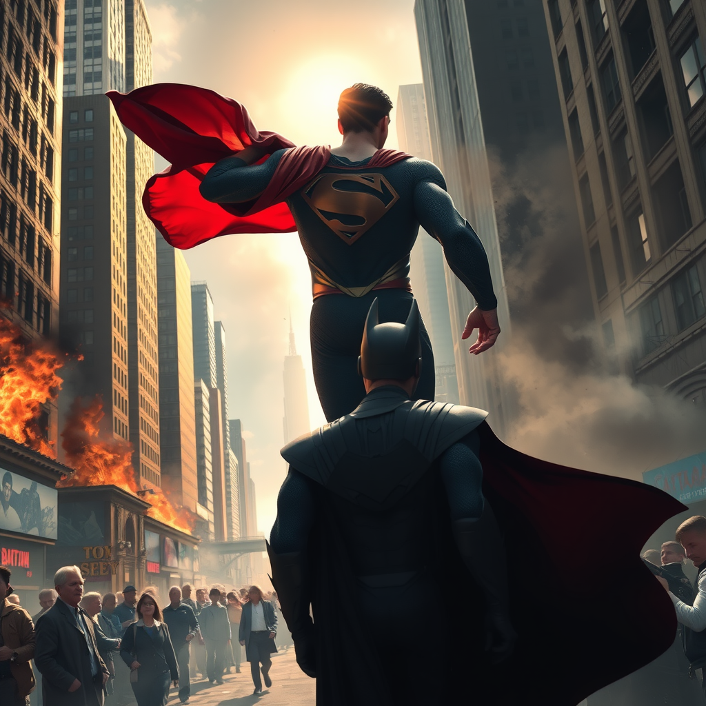 Batman Watches Radiant Superman Amidst Fiery Chaos