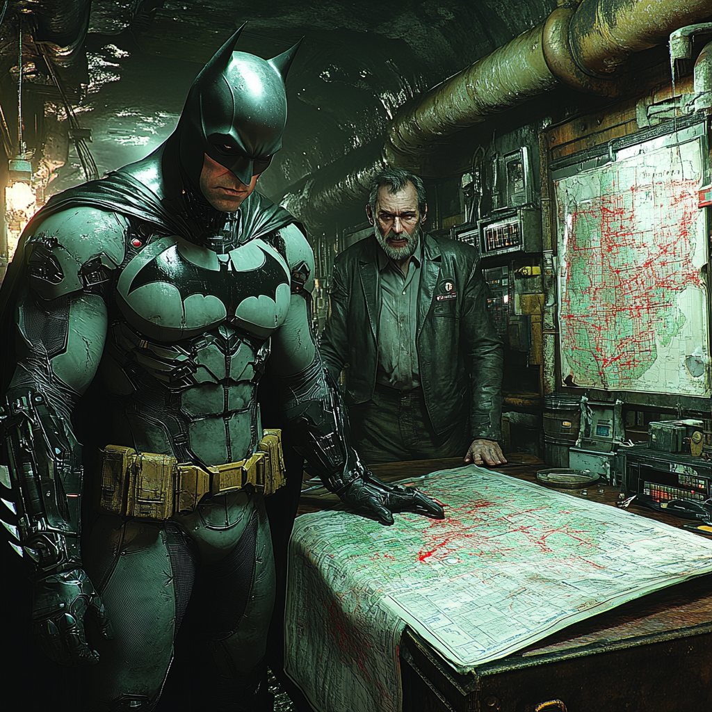 Batman and Alfred plan in dim hideout with gadgets.