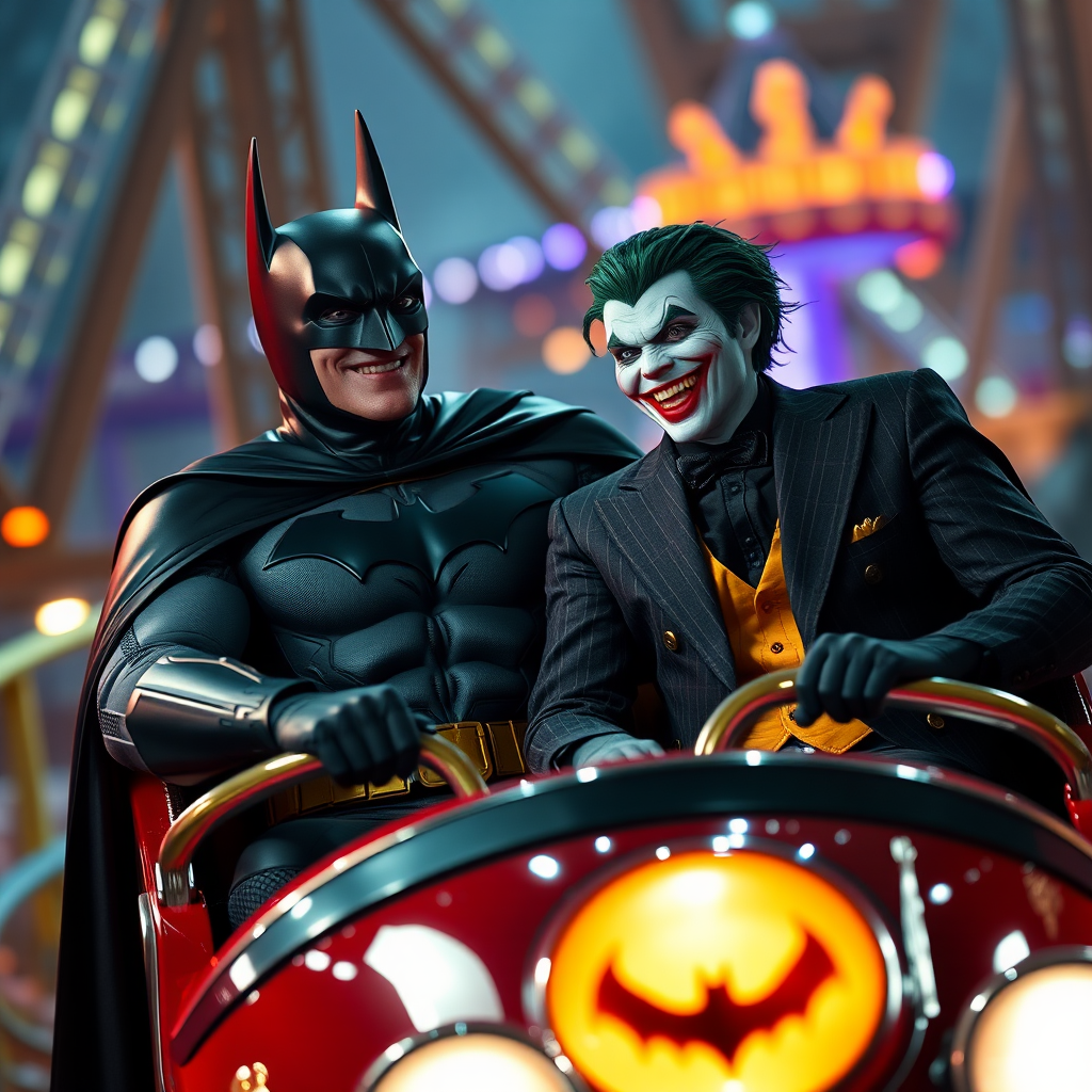 Batman and Joker ride roller coaster together.