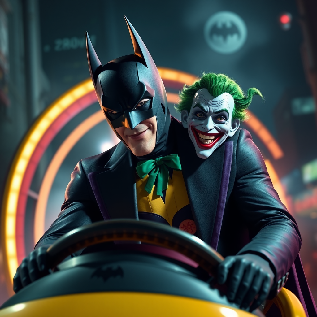 Batman and Joker ride roller coaster together.